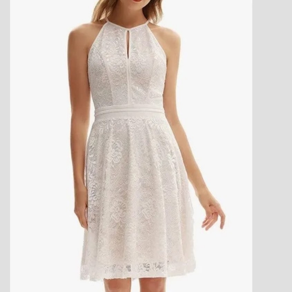 Kate Kasin Vintage Halter Sleeveless Swing Dress Keyhole Lace A-Line Dress